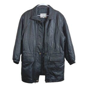 London Fog Leather Jacket Womens Medium Black Quilted Long Zip Winter Coat